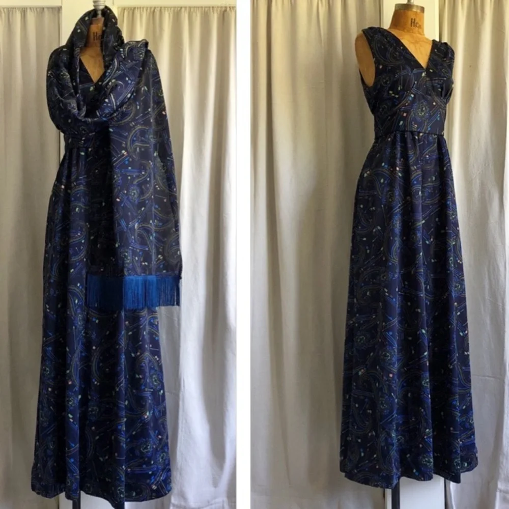 SOLD Vintage 60s Empire Maxi Dress + Matching Tassel Trim Pashmina Style Shawl - Picture 2 of 9